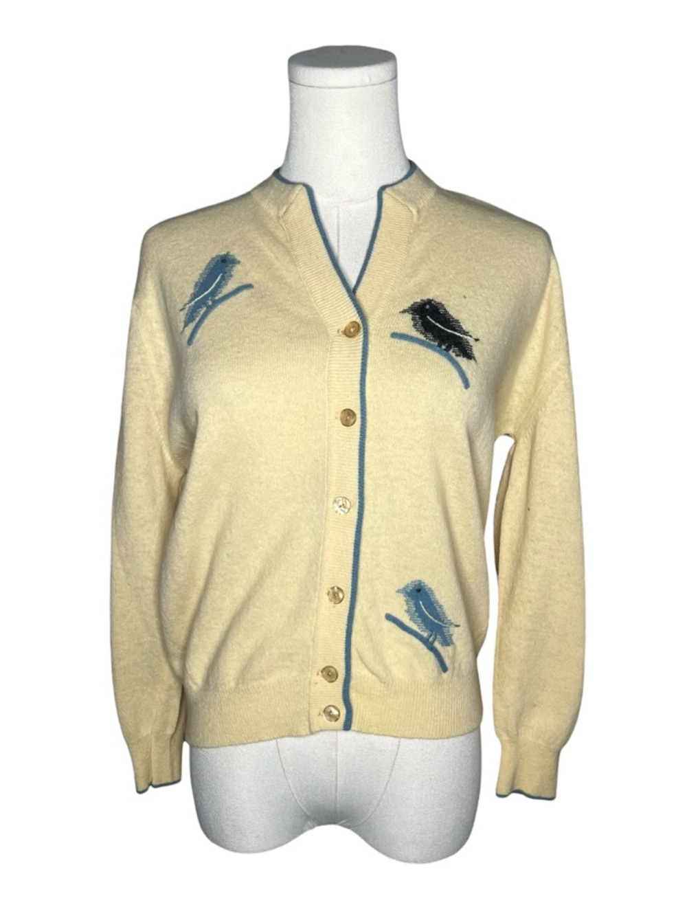 60s Vintage Wool Angora Butter Yellow Blue Bird Knit Cardigan Cottagecore Twee